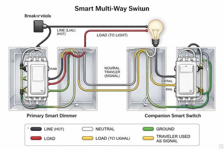 Detailed wiring-style diagram of a smart multi-way setup: one primary smart dimmer switching the load, and one companion switch sending a signal over a repurposed traveler. Show line, neutral, load, ground, and a traveler used as signal. Technical schematic look, color-coded conductors, labeled terminals, clean and easy to read.