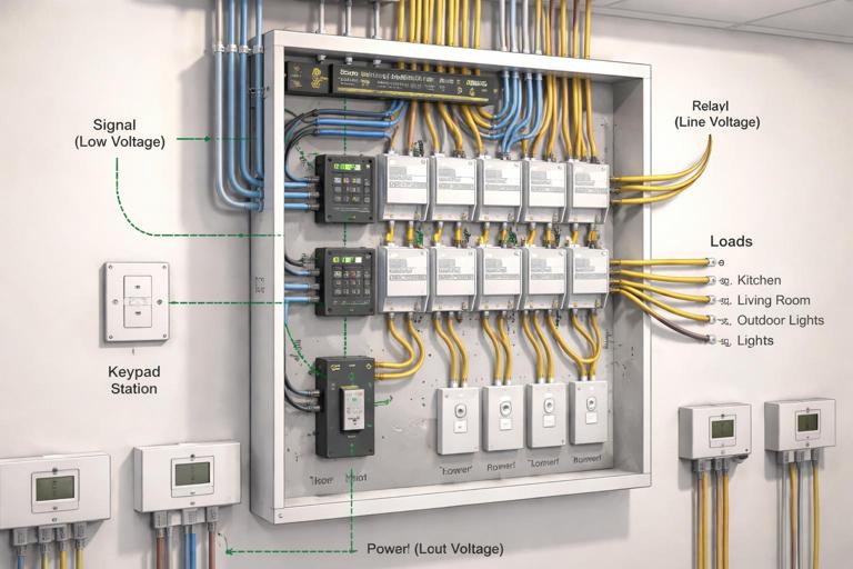 Smart home panelized lighting scene: a structured wiring panel with multiple relay/dimmer modules, labeled home-run load cables, and low-voltage keypad stations controlling loads logically. Clean modern electrical room, technical cutaway illustration style, neutral colors, clear labels and arrows for signal vs power.