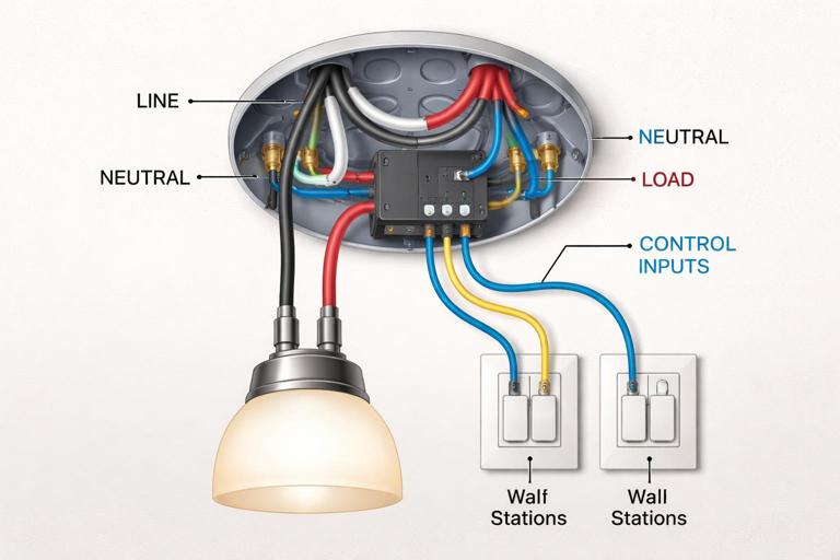 Cutaway view of a ceiling junction box with a compact relay or dimmer module controlling a light fixture, while two wall stations act as low-voltage or momentary control inputs. Show separation of mains power path and control wiring, labeled line, neutral, load, and control inputs. Realistic technical illustration, tidy wiring, neutral background.