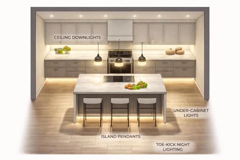 Illustration of a modern smart home lighting plan showing layered lighting zones in a kitchen: ceiling downlights, island pendants, under-cabinet task lighting, and toe-kick night lighting, with subtle labels for each zone, clean architectural top-down view, neutral colors, high clarity.