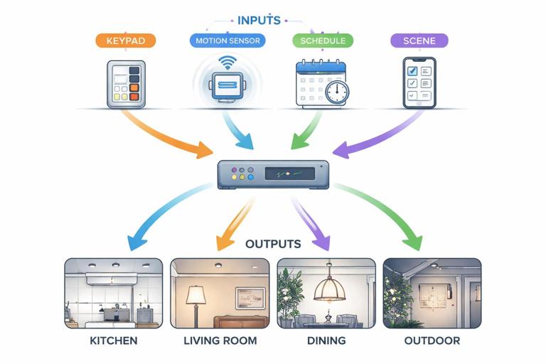 Diagram-style illustration of a smart home lighting control system showing inputs (keypad, motion sensor, schedule, scene) and outputs (multiple lighting zones) connected through a central controller, with arrows and priority layers, clean minimal vector style, white background, readable labels.