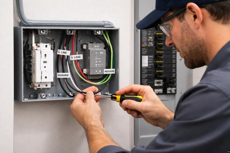 A residential electrician in a modern smart home utility area wiring a smart in-wall receptacle and an appliance-rated relay in an electrical box, with labeled line and load conductors, GFCI and AFCI breakers visible in a panel, clean professional lighting, realistic documentary photo style.