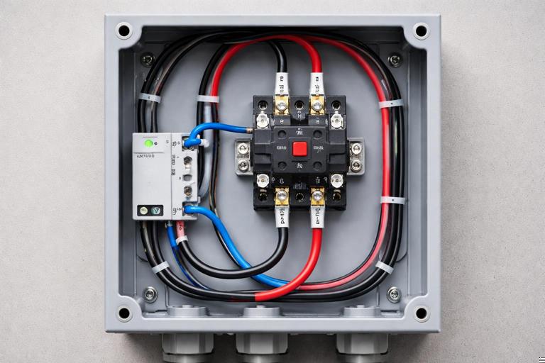 A clean electrical installation showing a 240V water heater circuit controlled by a properly rated contactor inside a metal enclosure, with a small smart relay/controller switching the contactor coil, neatly dressed conductors, labeled terminals, realistic professional photo, no text overlays.