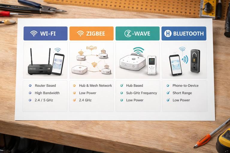 Installer-facing comparison chart on a workbench: a Wi‑Fi router and phone, a Zigbee hub with mesh nodes, a Z‑Wave controller with sub‑GHz iconography, and a Bluetooth phone-to-device link; clean technical infographic style, neutral background, high readability, no brand logos.