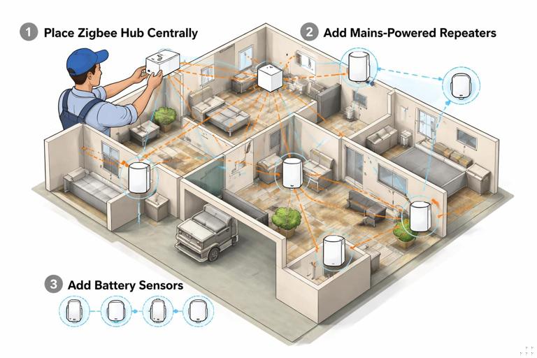 Smart home installer placing a Zigbee hub centrally in a house floorplan diagram, adding mains-powered repeaters first, then battery sensors; show mesh links between devices; clean instructional illustration, no brand marks, muted colors.