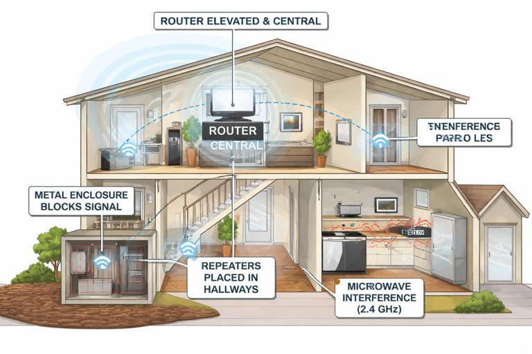 Cutaway illustration of a home showing RF obstacles and best practices: hubs elevated and central, metal enclosure blocking signal, microwave causing 2.4 GHz interference, repeaters placed in hallways; clear labels, instructional technical style, no logos.
