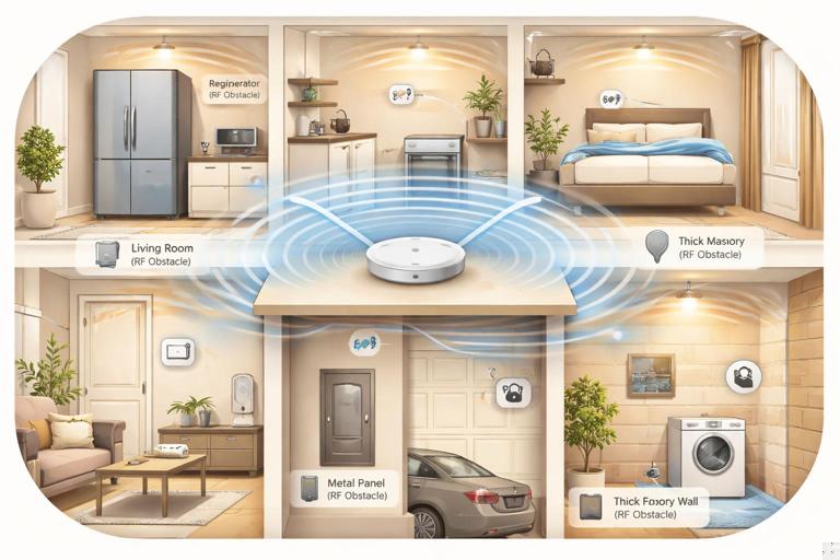 Illustration of a smart home hub placed centrally on an open shelf, elevated, with surrounding devices shown in different rooms. Show common RF obstacles like a refrigerator, metal panel, and thick masonry wall, with subtle radio signal waves indicating improved coverage from the central placement. Clean, technical infographic style, warm neutral lighting, modern home interior.