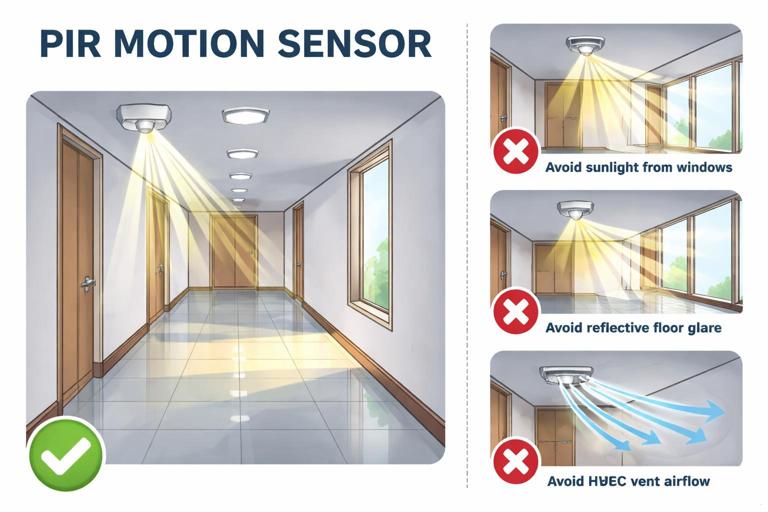 Diagram-style illustration of a hallway with a PIR motion sensor, showing correct and incorrect aiming: avoid window sunlight, reflective floor glare, and HVAC vent airflow. Use arrows for airflow and light rays, and a clear green check and red cross icon system. Clean instructional infographic style.