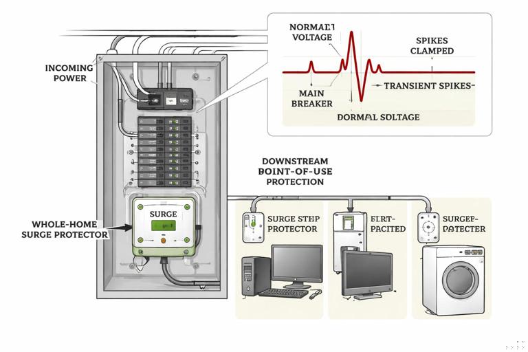 Technical illustration of a residential electrical panel with a whole-home surge protective device and downstream point-of-use protection, showing a simplified waveform with transient spikes being clamped. Clean vector infographic style, labeled components, neutral colors.