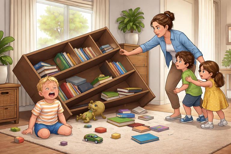 Illustration in a clean, realistic style of a toddler crying near a tipped-over shelf in a home setting, with an adult caregiver pausing to assess safety and stabilize the shelf while moving other children away; clear focus on hazard awareness and scene safety; no text.