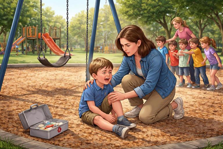 Realistic illustration of a playground scene where a child has fallen from a swing and is crying; an adult caregiver follows a calm first-aid sequence: pausing to scan for hazards, checking the child, keeping them still and comfortable; other children kept back; no text.