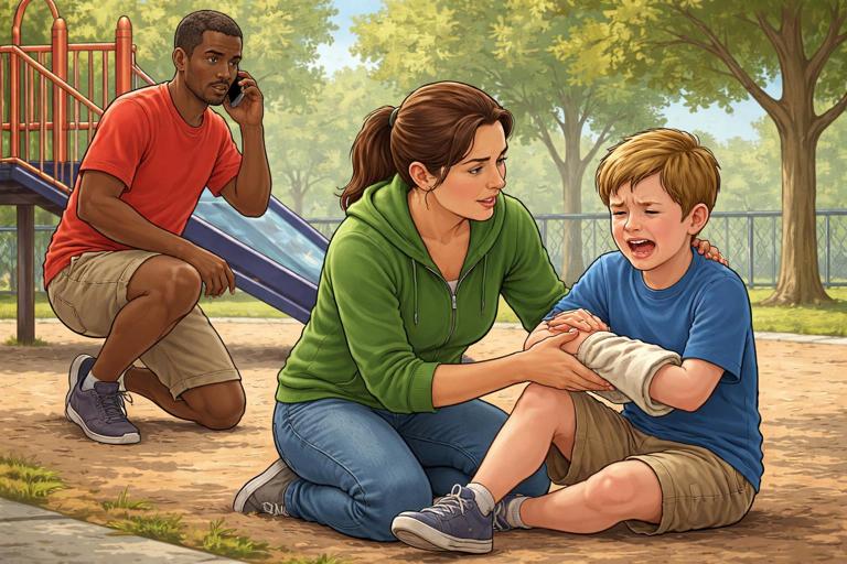 Realistic illustration of a playground first-aid situation: a child seated with a visibly deformed forearm, crying; a calm adult supports the arm in the position found using improvised padding, while another adult calls for help; safe, non-graphic, no text.