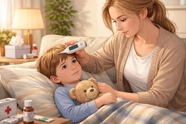 Illustration, warm realistic style: a caregiver in a calm home setting checking a young child's temperature with a forehead thermometer while keeping the child safe and comfortable; subtle medical-first-aid vibe, no distress, no convulsions shown, soft lighting, clear focus on caregiver attentiveness.