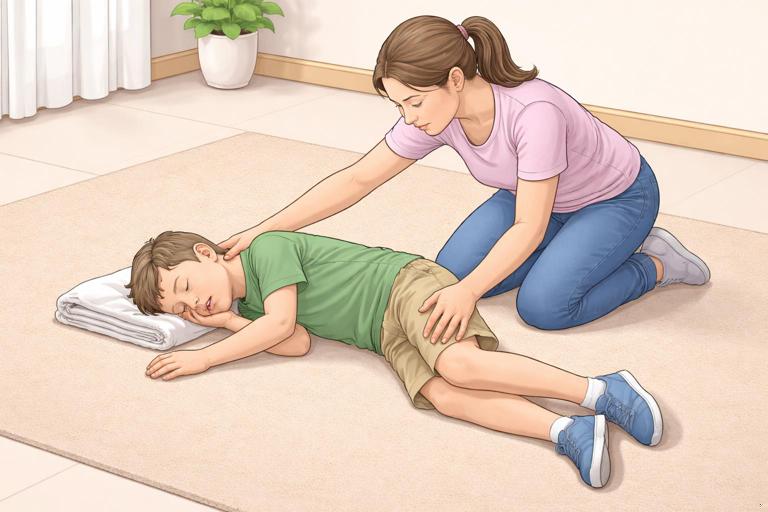 Educational medical illustration: caregiver placing a child in the recovery position on their side on a safe floor area, with a folded towel under the head; calm environment, clear view of body positioning, no graphic content, soft neutral colors, instructional style.