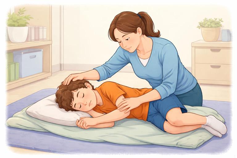 Instructional healthcare illustration: caregiver calmly checking a child for injuries after a seizure, child resting on side on a mat/blanket, caregiver examining head and arms; quiet room, school nurse or home setting, non-graphic, reassuring tone.