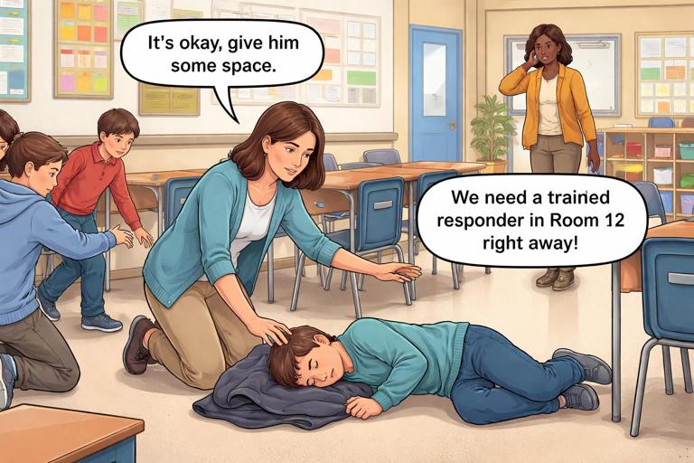 School classroom scene, educational illustration: teacher calmly clearing space around a student on the floor, jacket cushioning the head, another staff member calling for trained responder; calm, organized environment, no graphic depiction, focus on safety and timing.