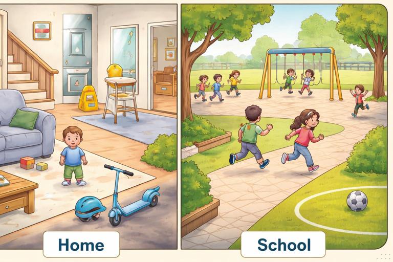 Illustration for a child-safety guide: split scene showing common head-injury risks at home and at school. Left side: a living room with a toddler near a couch and stairs, a high chair, a bathroom with a wet floor sign, and a scooter/helmet by a driveway. Right side: a school playground with monkey bars and swings, kids running in a hallway, and a sports field with a ball. Calm educational style, clear details, no injuries shown, soft colors, high readability, 16:9.