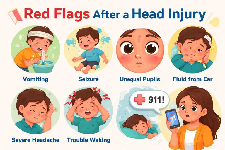 Clean poster-style medical infographic titled Red flags after a head injury, with simple icons (vomiting, seizure, unequal pupils, fluid from ear, severe headache, trouble waking) and a caregiver calling emergency services. Child-friendly, non-graphic, high contrast, 16:9.
