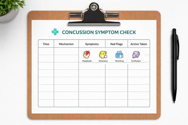 Printable checklist sheet on a clipboard titled Concussion Symptom Check with simple fields (time, mechanism, symptoms, red flags, action taken) and small icons for headache, dizziness, vomiting, confusion. Clean minimal design, black and white with one accent color, easy to read, 16:9.