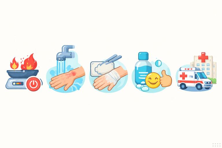 Create an educational, child-first-aid themed illustration showing simple icons in a row: stop the burn source, cool under running water, cover with a non-stick dressing, manage pain, and seek medical help; clean flat design, high contrast, friendly but clinical style, no text, no gore.