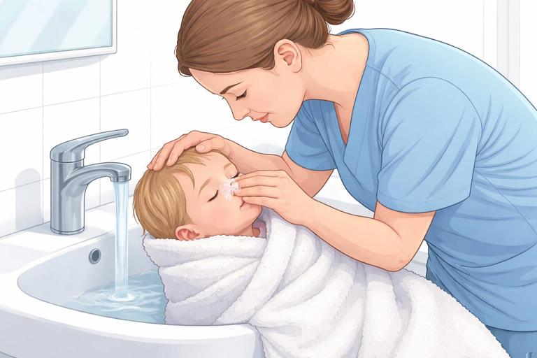 Educational illustration of a caregiver gently rinsing a child’s eye at a sink using lukewarm running water, child wrapped in a towel to keep arms still; clean clinical style, no text, no distressing detail.