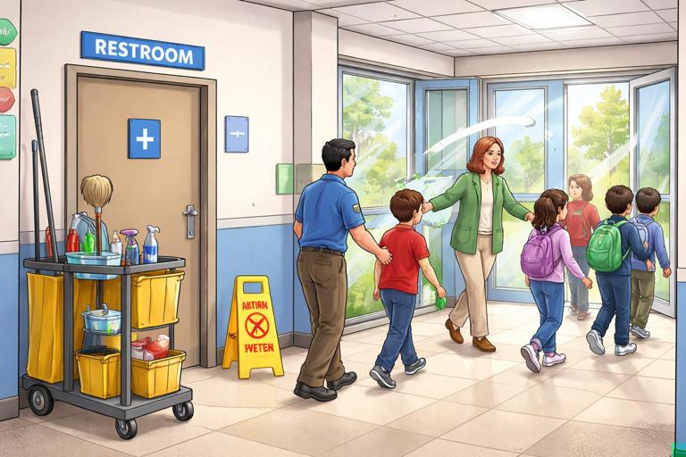 Realistic, non-graphic illustration of a school hallway near a bathroom with a custodian cart; staff calmly evacuate students away from a door labeled Restroom, windows open, emphasis on moving to fresh air; educational safety poster style, bright clear lighting.