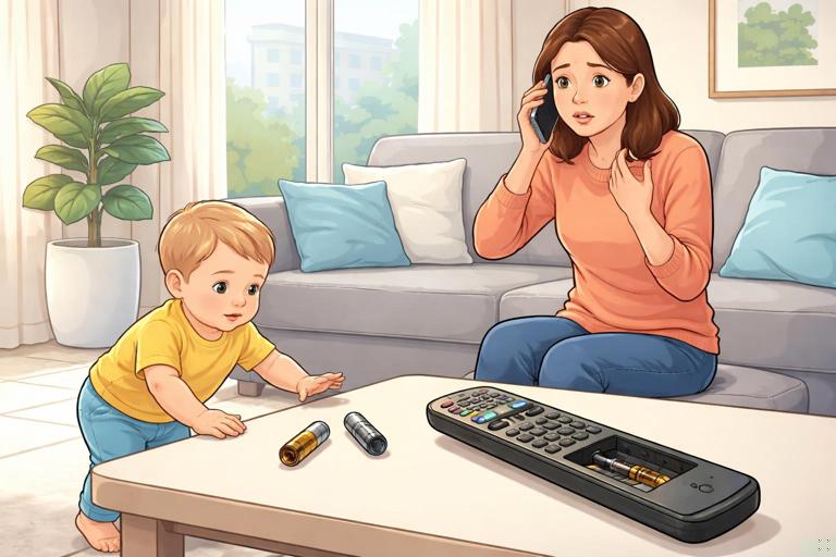 Realistic, non-graphic illustration of a living room: an open TV remote with an empty battery compartment on a table, a worried parent on the phone, and a toddler nearby; emphasis on urgency and safety, clean educational style, no medical gore.