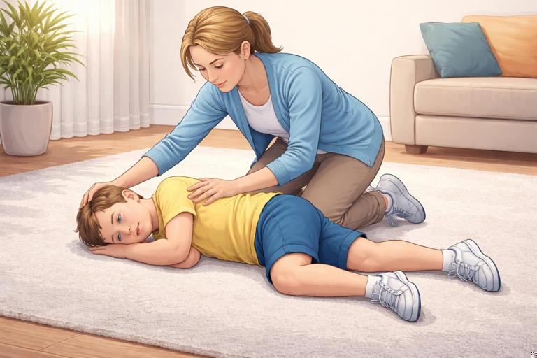 Instructional medical illustration: a caregiver placing a child in the recovery position on a flat surface, head and neck aligned, one knee bent for stability, calm indoor setting, clear focus on airway safety, no text labels.