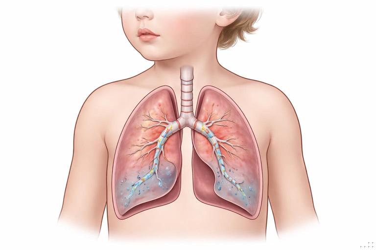 Medical-style illustration of a child’s lungs with subtle inflammation and fluid in airways after water aspiration, shown in a simple cross-section diagram style, soft clinical colors, educational tone, no text.