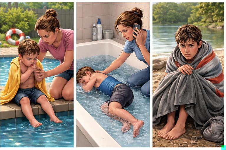 Three-panel realistic illustration showing: 1) toddler by a pool coughing but awake with caregiver warming and observing, 2) child found face-down in a bathtub with caregiver calling for help and positioning on side, 3) teen by a lakeshore shivering while wrapped in blankets, all in an educational first-aid style, no text.