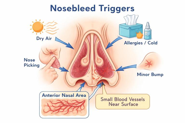 Illustration for a child first-aid guide: simple cross-section diagram of the front of a child’s nose showing small blood vessels near the surface (anterior nasal area), with labeled arrows for common triggers like dry air, nose picking, allergies/cold irritation, and a minor bump. Clean, friendly medical infographic style, soft colors, no gore, white background.