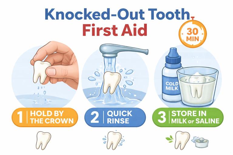 Educational infographic: knocked-out tooth first aid steps. Show a clean tooth being held by the crown (not the root), a quick rinse under running water, and then placement into a cup of cold milk or saline. Include a small clock icon emphasizing urgency. Friendly, non-gory, clear labels, white background.