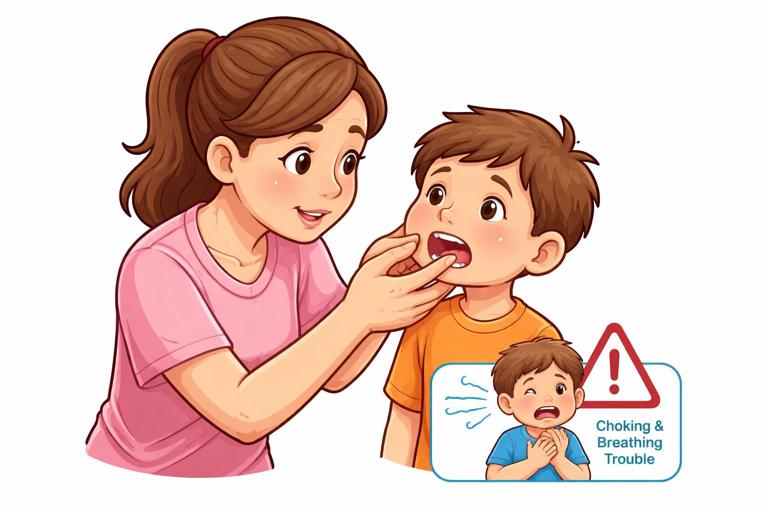 Simple safety illustration: caregiver checking a child after mouth trauma, gently looking inside the mouth and turning the lower lip outward to check for a missing tooth or fragments; include a small warning icon about choking and breathing difficulty. Clean, kid-friendly medical guide style, no blood, white background.