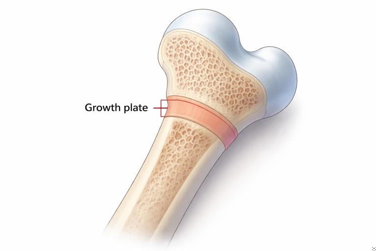 Illustration for a pediatric first-aid guide: close-up educational diagram of a child’s long bone showing the growth plate near the end of the bone, labeled and easy to understand, clean medical style, soft colors, white background, no text overlay, high resolution.