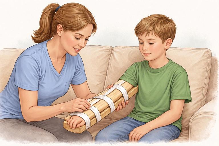 Illustration for a first-aid handbook: caregiver splinting a child’s forearm with a padded rigid splint and cloth ties, showing immobilization of wrist and elbow, child seated and calm, clear instructional composition, realistic but gentle style, no blood, no text, high resolution.