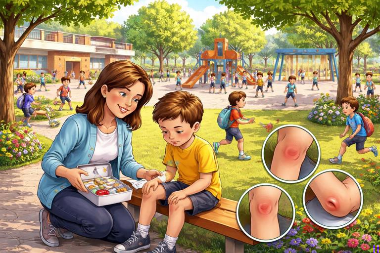 Illustration of a busy school playground with children playing; a teacher or school nurse nearby with a small first-aid kit; subtle visual examples of a knee scrape, a forearm bruise, and a bumped elbow; bright daytime, realistic style, non-graphic, kid-friendly