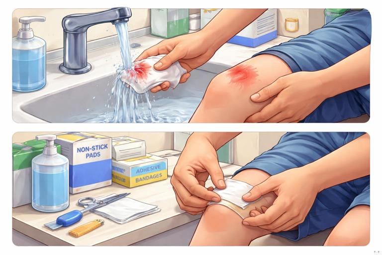 Close-up, non-graphic instructional illustration of hands cleaning a child’s scraped knee with running water and gauze, then applying a non-stick pad and adhesive bandage; school nurse office setting, clean and calm, realistic style