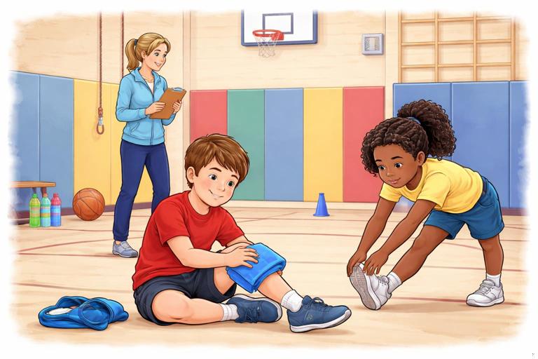 School gym or playground scene showing overuse and minor strain prevention: child resting with a wrapped cold pack on shin, another stretching gently, teacher supervising; informational, non-graphic, realistic illustration