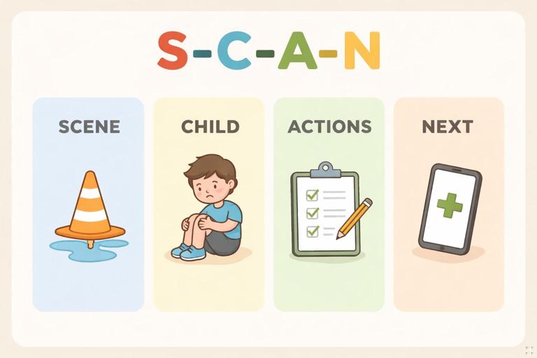 Illustration of a simple one-page first aid template titled S-C-A-N with four labeled boxes: Scene, Child, Actions, Next. Clean modern design, high readability, neutral colors, home/school context icons (traffic cone, child figure, checklist, phone). No medical gore, no text beyond the labels.