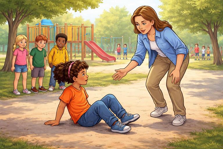 A school playground scene with two children having just bumped into each other while running; one child sits on the ground looking stunned while a teacher approaches and other children stand back. Calm, supportive atmosphere, no visible injury or gore, bright daytime, realistic illustration.