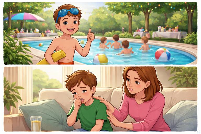 Illustration of a child at a pool party earlier appearing okay after coughing from swallowed water, then later at home sitting on a couch coughing while a caregiver watches closely with concern. Clear time-lapse feel, safe and non-alarming, no distressing imagery.