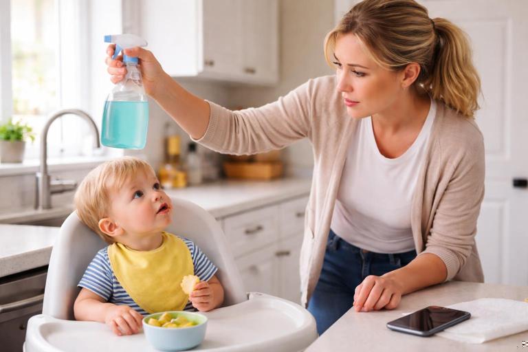 A safe, non-graphic kitchen scene: caregiver holding a household cleaning bottle out of reach while checking on a toddler in a high chair with a damp mouth, showing concern. Include a phone nearby to imply calling poison guidance. No brand labels, no distressing content.
