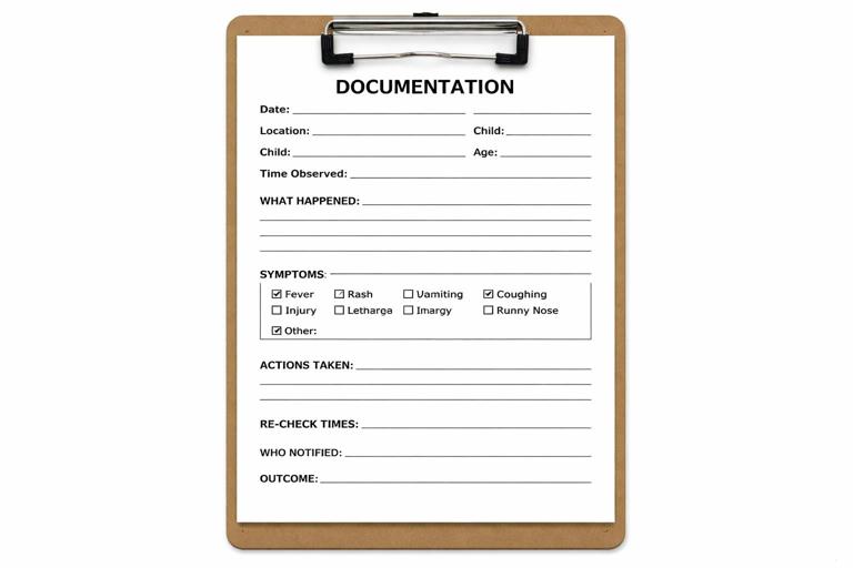 A clean printable documentation mini-form layout on a clipboard: fields for date, location, child, age, time observed, what happened, symptoms checkboxes, actions taken, re-check times, who notified, outcome. Minimalist black-and-white design, easy to read, no real names, no branding.