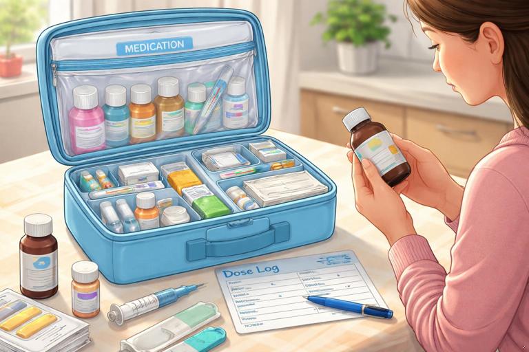 Illustration of a neatly organized pediatric first aid kit opened on a table, with a clearly labeled Medication pouch, an oral syringe, a dose log card and pen, and a parent carefully checking a medicine label; bright, clean, realistic style, soft natural light, no brand names, no visible child face