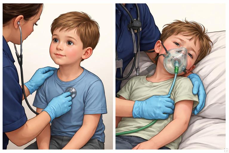 Illustration of a calm child making eye contact with a responder versus an ill child who is limp and struggling to breathe, split-scene comparison, warm realistic medical training style, neutral background, no text