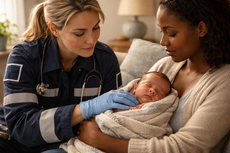 Realistic medical training illustration of an EMT calmly assessing a newborn while the caregiver holds the baby, warm blanket, gentle observation of breathing and color, indoor home setting, soft lighting, no text