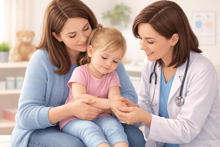 Medical training illustration of a toddler sitting on a caregiver’s lap in a comfort hold while a clinician gently examines the toddler’s arm, calm environment, soft colors, realistic style, no text