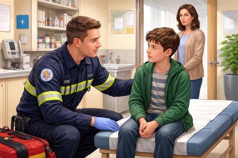Realistic medical training illustration of a paramedic speaking calmly with an early teen seated in a school nurse office, caregiver nearby but giving space, respectful privacy cues, neutral lighting, no text