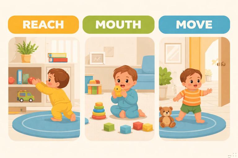 Illustration of the Reach–Mouth–Move model for child safety: a toddler in a living room reaching for a low shelf, mouthing a safe toy, and moving toward an open doorway; simple infographic style with three labeled sections (Reach, Mouth, Move), warm colors, clean modern flat design, no text beyond the three labels.