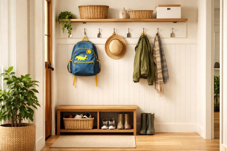 Entryway of a family home with a wall-mounted hook system above toddler height, a backpack hanging up, a small closed container for coins and batteries on a high shelf, and a clear floor; realistic, tidy, warm lighting, educational safety scene, no text.